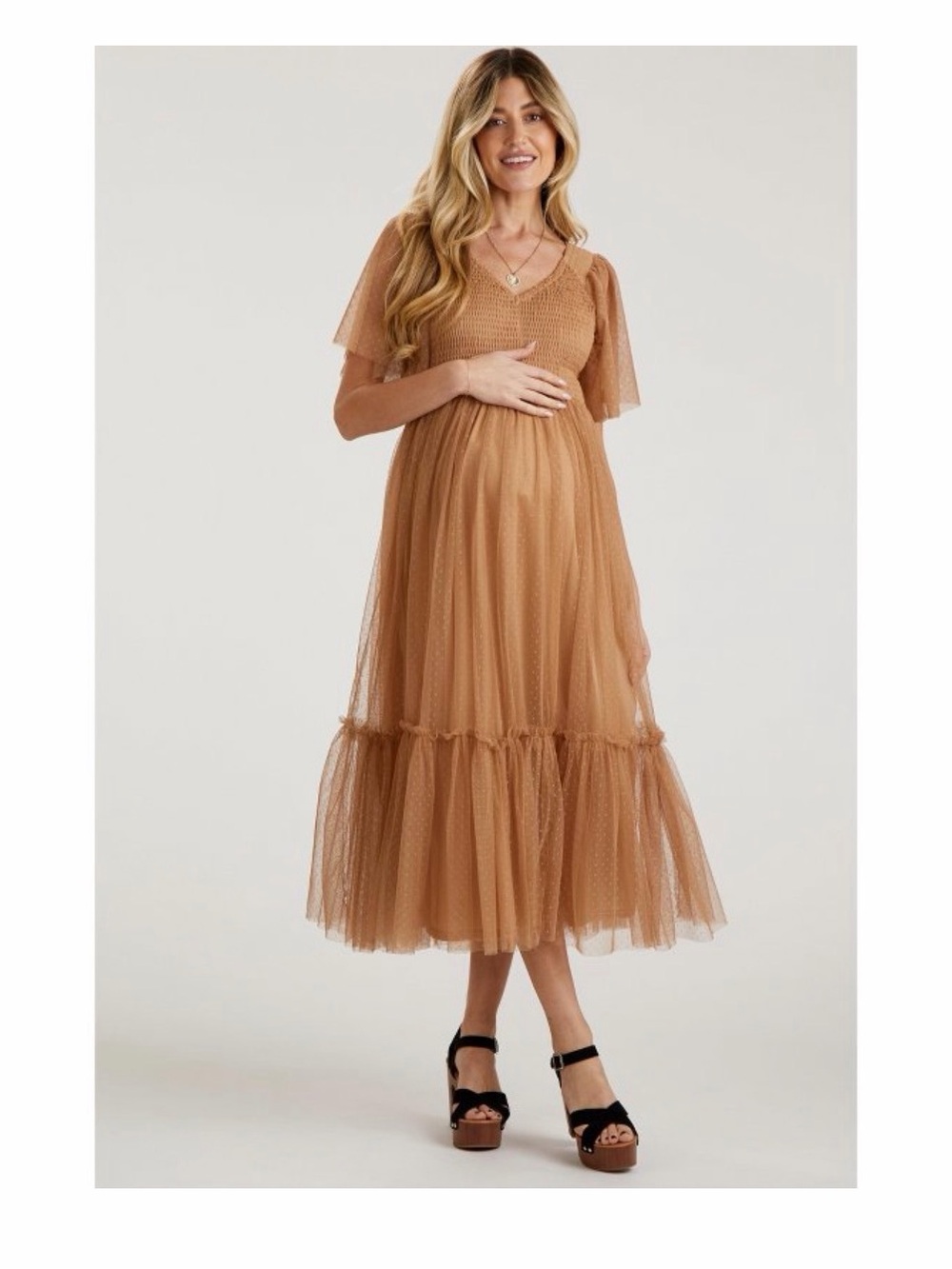 Pinkblush Maternity Rust Tiered Dotted Tulle Mesh Maxi Dress